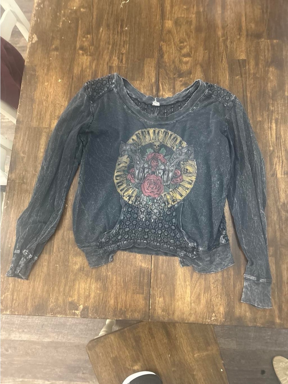 Affliction Black Washed Graphic Crop Top with Crochet Accents Y2K VINTAGE